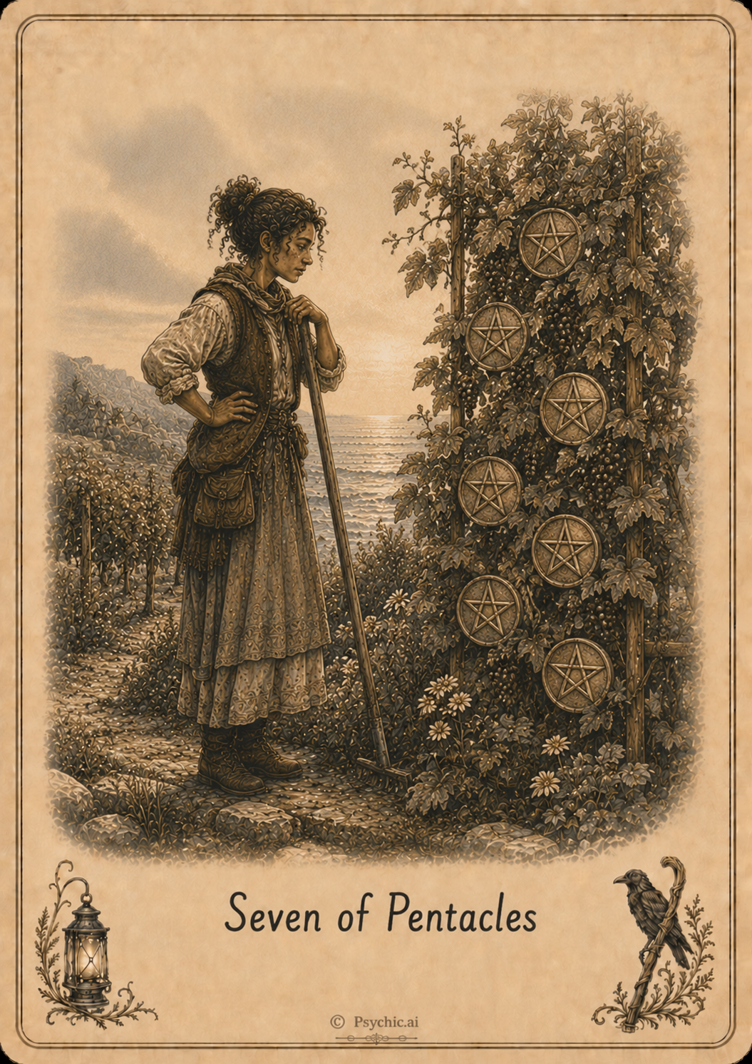 Seven of Pentacles tarot card illustration